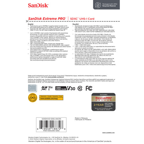 Tarjeta SD Extreme PRO SDXC UHS-I SanDisk 128GB