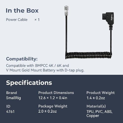 Cable D-Tap a BMPCC 4K/6K - Smallrig 4761 12 Smallrig 4761