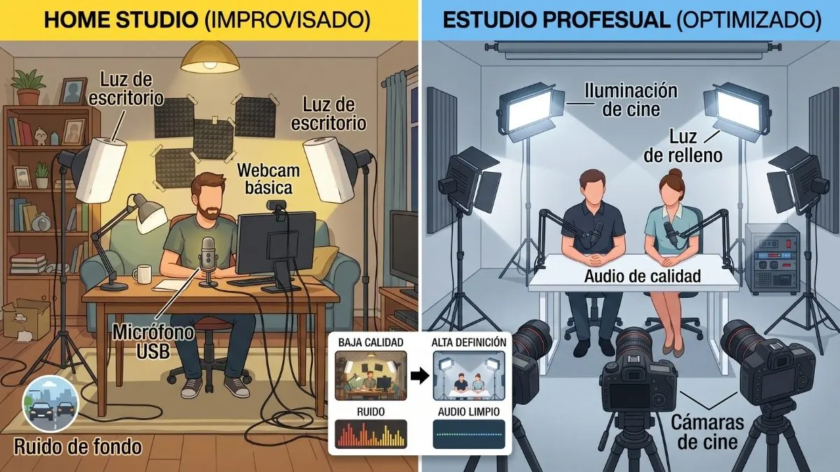 Comparación entre un home studio y un estudio profesional de podcast en Medellín.