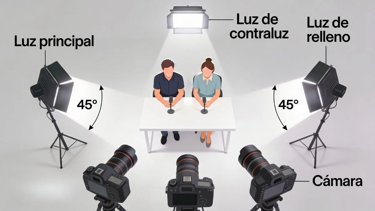 Configuración de iluminación de tres puntos para videopodcast profesional.