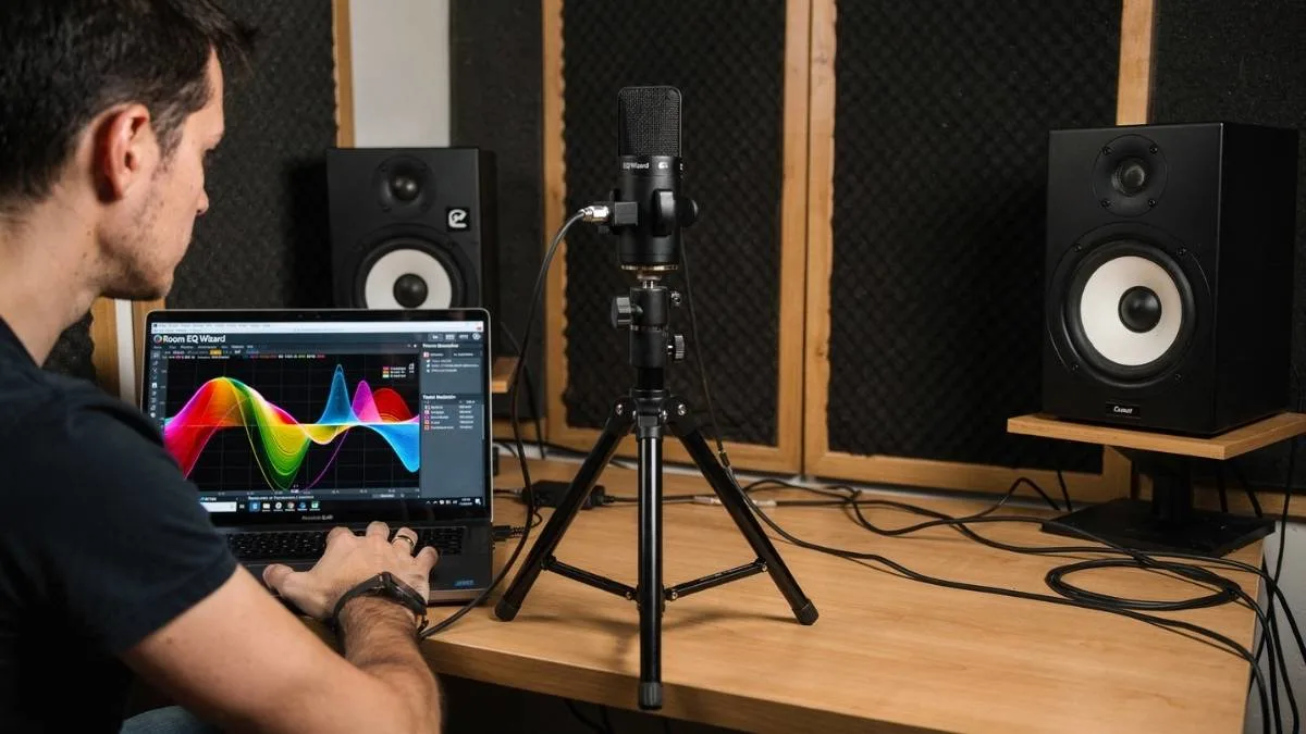 Medición acústica de un estudio utilizando Room EQ Wizard y un micrófono de medición.
