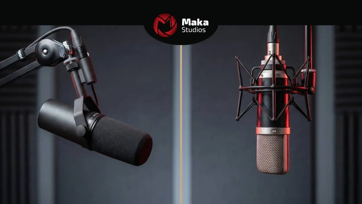 Comparativa entre micrófonos dinámicos y de condensador para podcast profesional.