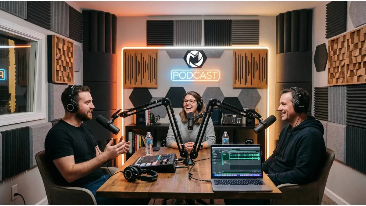Paneles acústicos y bass traps instalados en un estudio profesional para grabar podcast.