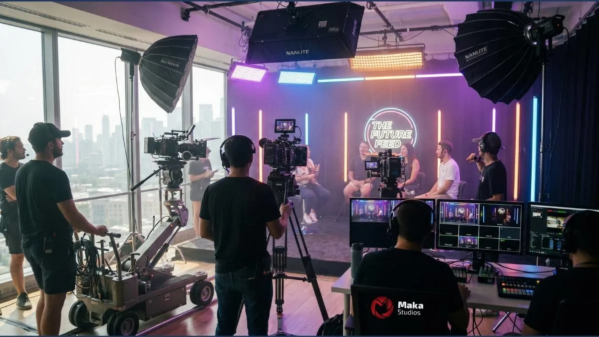 Producción profesional de videopodcast con tres cámaras e iluminación LED.