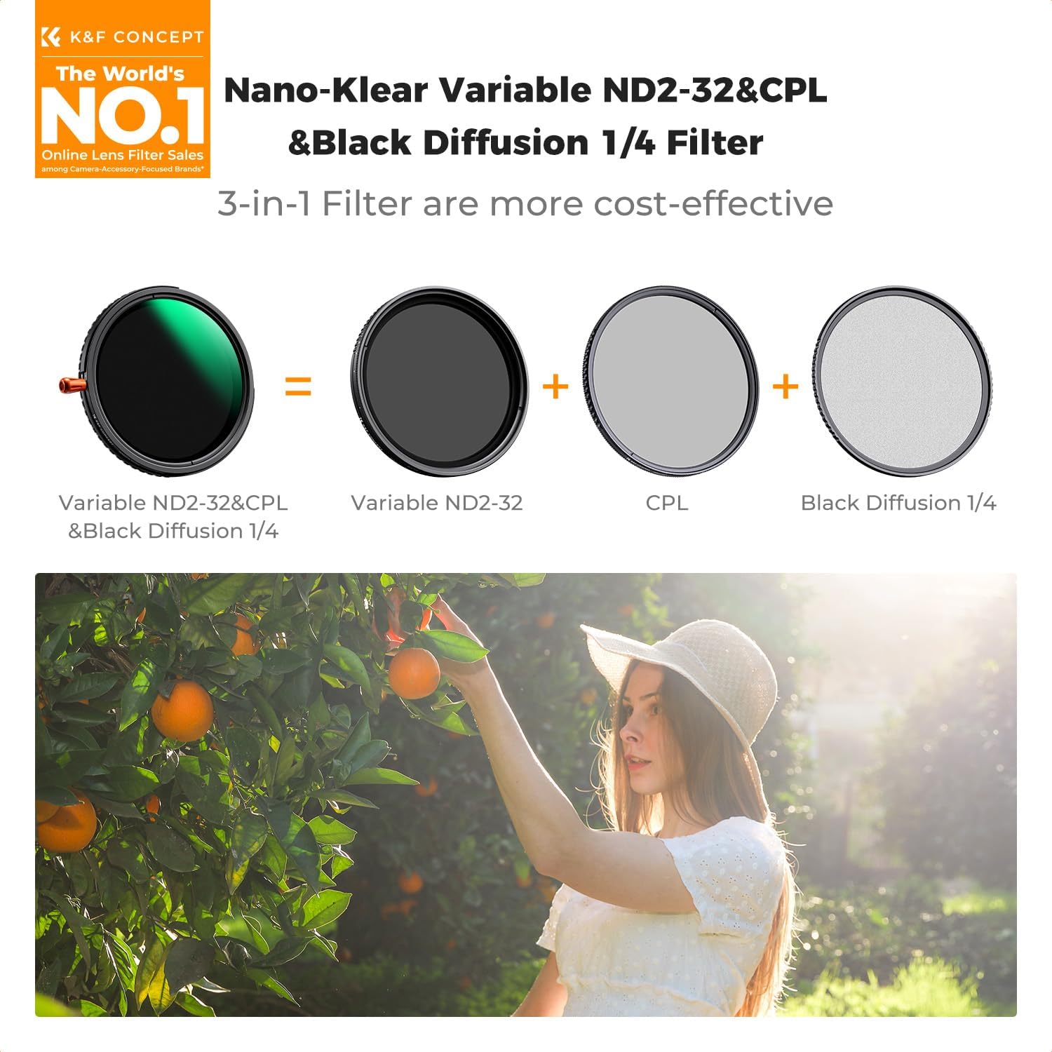 Filtro 3 en 1 (Black Promist 1/4, ND variable 2-32, CPL) Serie K – K&F Concept 1 Filtro 3 en 1 que combina ND variable, polarizador CPL y Black Promist 1/4