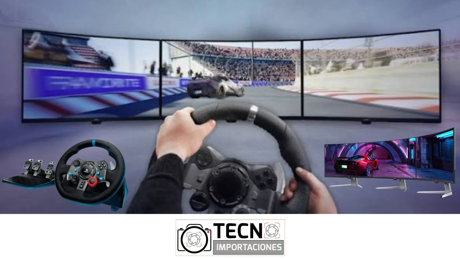 Equipo de sim racing en primera persona: volante con force feedback y triple pantalla durante una carrera