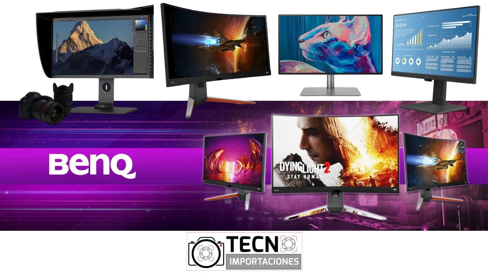 Monitores profesionales BenQ y ASUS para diseño, fotografía y video en un escritorio de trabajo