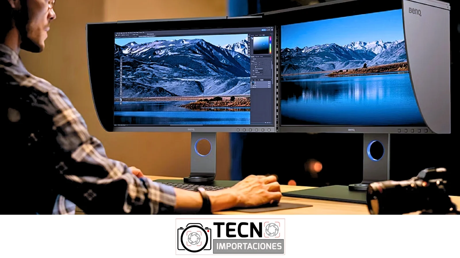 Monitor profesional BenQ PhotoVue con visera y Hotkey Puck en un puesto de retoque fotográfico