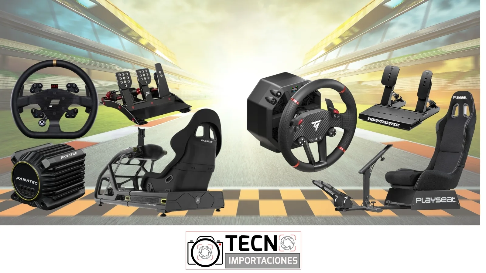 Tres configuraciones de sim racing: entrada en consola, intermedia con monitor ultrawide y avanzada con realidad virtual