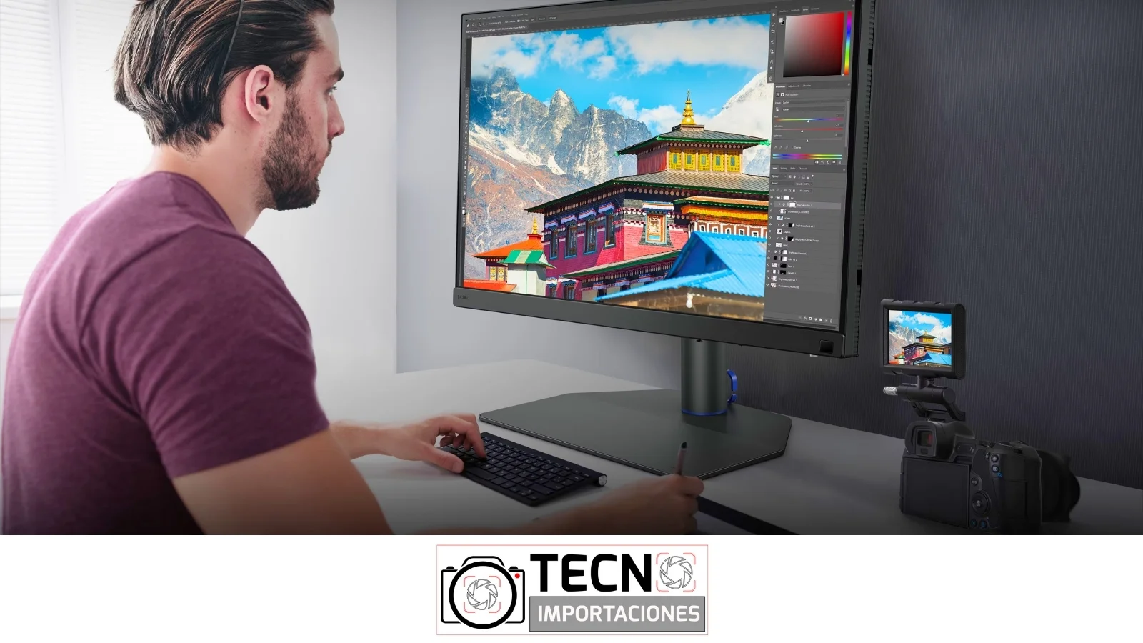 Escritorio con un monitor profesional conectado al portátil con un solo cable USB-C